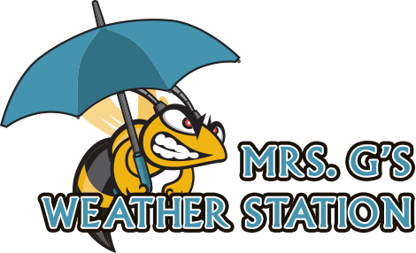 Mrs. G's Weather Station banner with hornet holding umbrella